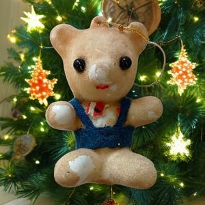 Vtg Flocked Bear Ornament Kitschy 60s Christmas Holiday Teddy Plastic Beige Blue